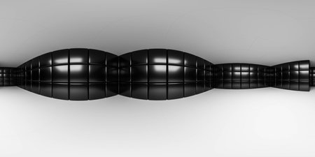 Panoramic shot of dark black walls hall interior with white ceiling and floor full spherical panorama 3d render illustrationの写真素材