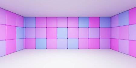 empty white violet and pink room wall background 3d render illustration with modern minimalistic architecture cube elements designの写真素材