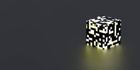cube shape on dark background with pixelated glowing surface 3d render illustrationの写真素材