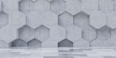 Grungy industrial concrete stone hexagonal honey comb tiled pattern wall 3d render illustration