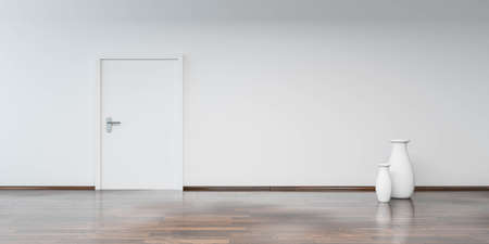 Modern living room with white walls and door and wooden floor with ceramic vase 3d render illustrationの写真素材