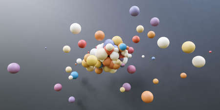 colourful ball spheres with metallic steel surface on dark background 3d render illustrationの写真素材