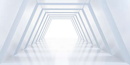 empty long vanishing walkway with reflecting surface and bright lighting 3d render illustration