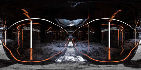 360 panorama view of futuristic black dark industrial style building hallway 3d render illustration