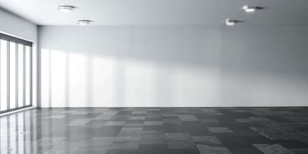 empty big room modern office building interior with white walls, sunlight and marble floor 3d render illustrationの写真素材