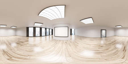 360 spherical panorama view of modern big white office with white board flip chart and windows and city view 3d render illustrationの写真素材