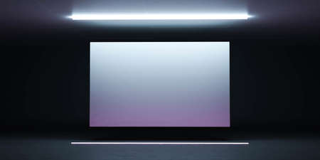 white blank empty poster canvas in dark futuristic industrial hall with neon lights 3d render illustrationの写真素材