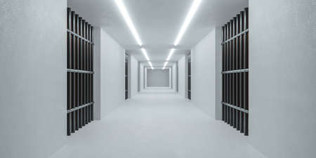 white futuristic prison basement hallway with metal iron doors 3d render illustrationの写真素材
