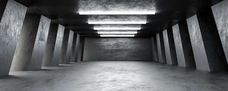 dark abstract basement building interior with columns and dark concrete surface 3d render...
