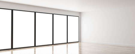 Empty white big office room with wood floor and big windows and bright day light 3d render illustrationの写真素材