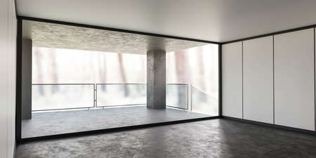 empty lofty room in the forest with big windows and bright day lighting 3d render illustration