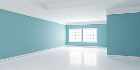 Empty room with blue walls and blank walls with white floor and reflections 3d render illustrationの写真素材
