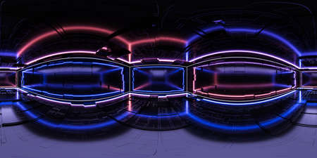 Full 360 panorama of futuristic neon light building interior with sci-fi design 3d render...