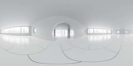 full apherical 360 degrees panorama view of empty big modern appartment with big windows and forest...