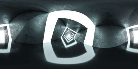 full 360 spherical panorama view of dark concrete cube design hallway tunnel 3d render illustration...
