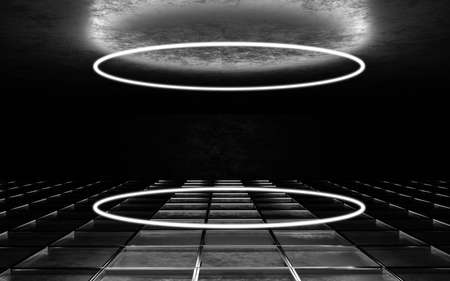 abstract light strip futuristic dark product showcase podium pedestal in dark room 3d render illustrationの写真素材