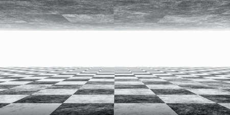 abstract building environment with black and white chess tile floor pattern 3d render illustrationの写真素材