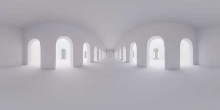 Spherical 360 degrees panorama of empty blank white studio with bright day lighting 3d render illustration hdri hdr vr styleの写真素材