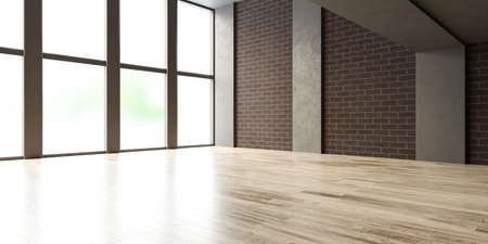Empty contemporary loft with brick wall,wooden floor and concrete columns studio 3d rendering illustrationの写真素材
