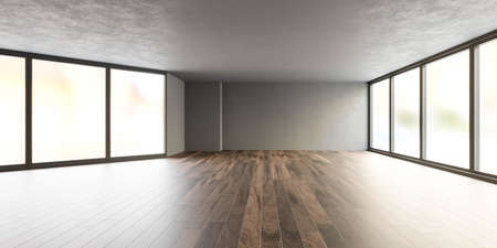empty unfurnished loft room with big windows and solid wood floor 3d render illustrationの写真素材
