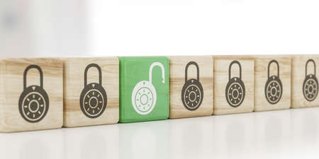 wooden cubes with closed and open locks 3d render illustrationの写真素材