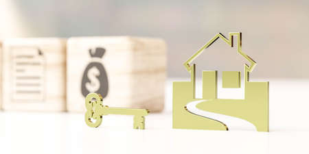 wooden blocks and golden signs key home property house estate visualization 3d render illustrationの写真素材