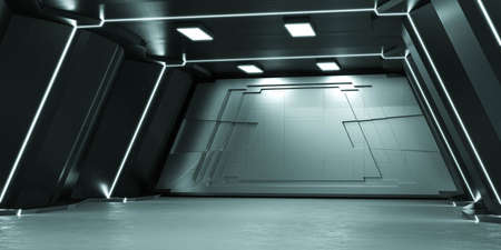 dark futuristic interior of a space station hallway tunnel basement 3d render illustrationの写真素材