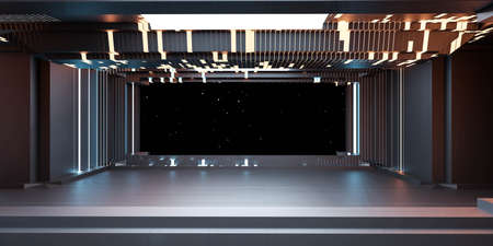 space view in dark futuristic space station 3d render illustrationの写真素材