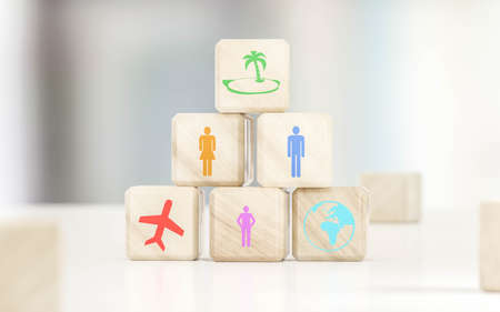 holiday vacation travel symbols on wooden cubes 3d render illustration modern design abstract visualziation holiday family flight travel concept wallpaperの写真素材