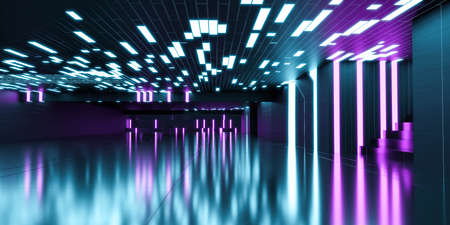 Neon cyber punk light technology building interior background 3d render illustration modernの写真素材