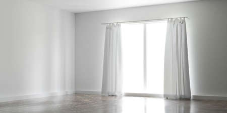empty bright studio empty room with wood floor and white curtains and bright sun light 3d render illustrationの写真素材