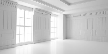 white empty lounge classic bright studio interior with big windows and neat details 3d render illustrationの写真素材