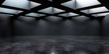 Abstract architecture, empty dark concrete room interior with opening in ceiling 3d render...