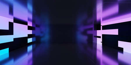 Empty scene with glowing pink and blue light futuristic dark studio 3d render illustrationの写真素材