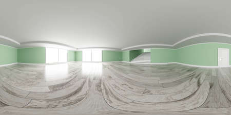 full 360 degree panorama of green empty wall studio with wooden floor 3d render illustration hdri hdr vr styleの写真素材