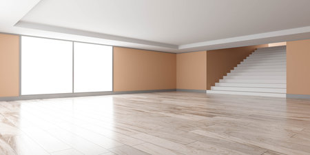 Empty room with orange walls and wood floor 3d render illustrationの写真素材
