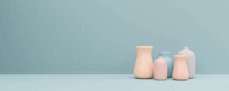 blue and rose vase on pastel blue background 3d render illustrationの写真素材