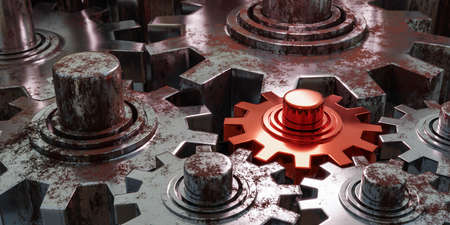 red gear wheel in machine proble error concept 3d render illustration