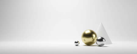 black dark low key luxury silver gold and white abstract objects background. 3d render illustrationの写真素材