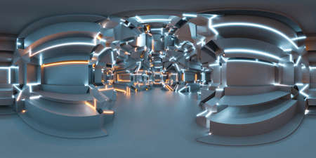 360 spherical panorama environment map of abstract futuristic geometry hall with metallic surface and warm and blue lighting 3d render illustration hdri hdr vr contentの写真素材