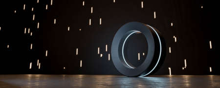 dark futuristic technology steel wheel geometric object with blue and orange lights 3d render illustrationの写真素材