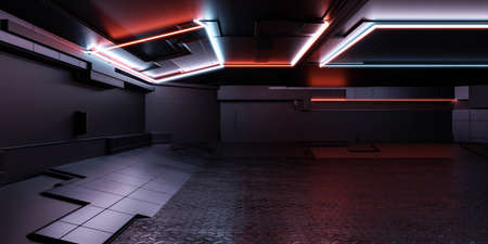 dark modern futuristic technology station space ship sci-fi laboratory 3d render illustrationの写真素材