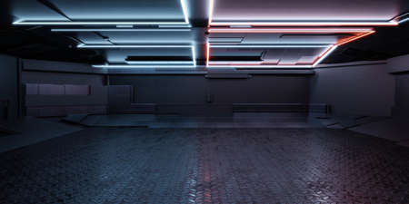 industrial concrete basement hall room with dark metal floor and walls and blue and red neon light...