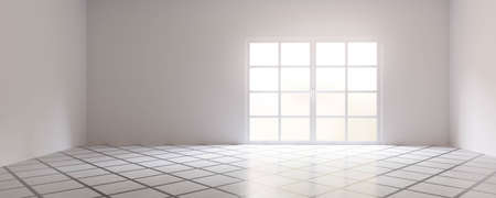empty white room studio interior with bright day light 3d render illustration
