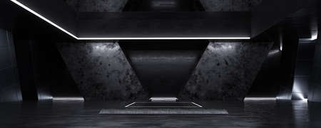 abstract dark concrete basement hall background backdrop with metal and concrete elements 3d render illustrationの写真素材