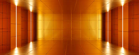 abstract orange retro futuristic design room with tiles and bright lighting 3d render illustrationの写真素材