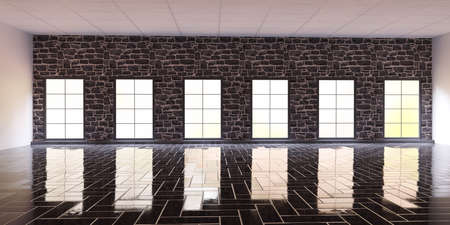 modern empty studio interior with brick wall and glossy tile floor 3d render illustration