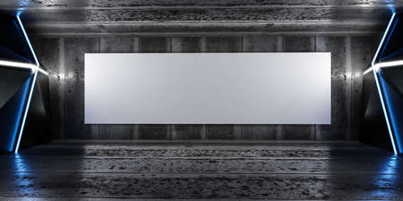 dark futuristic concrete and metal basement 3d render illustration with empty blank canvas poster template mock-upの写真素材