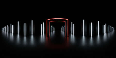 360 degree full panorama of dark futuristic environment with laser led lights and red gate 3d render illustration hdri hdr vr virtual reality contentの写真素材