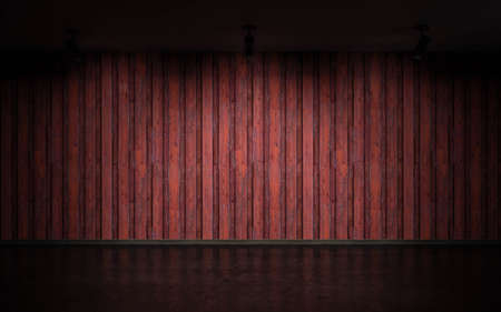 empty industrial style studio red wood tile plank wall and dark concrete floor with reflections and spot lights 3d render illustrationの写真素材